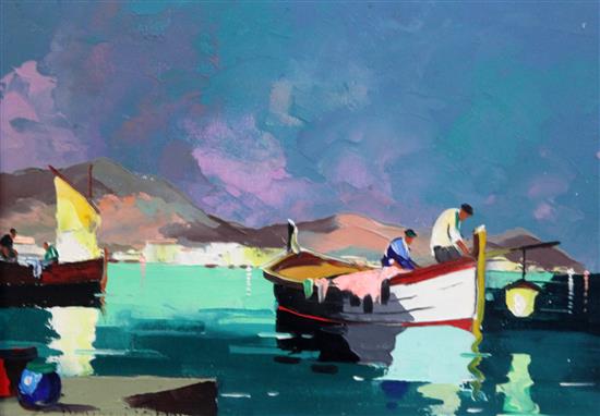 § Cecil Rochfort DOyly John (1906-1993) La Bocca (Cannes) - Evening, Fishermen, French Riviera 9.5 x 13.5in.